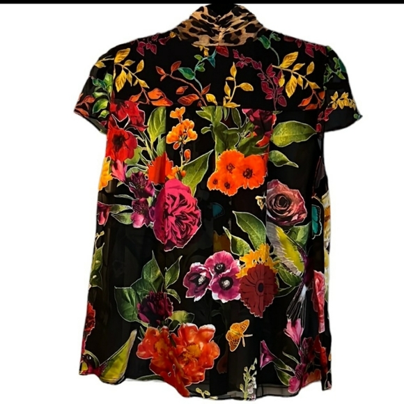 Alice +Olivia Semi Sheer Floral Cap Sleeve Blouse - Size XL - Picture 5 of 8